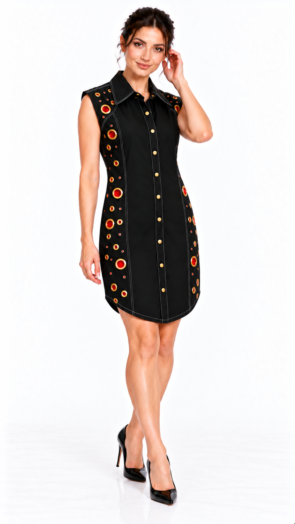 Black ring-detail sleeveless shirt dress — relaxed front pose