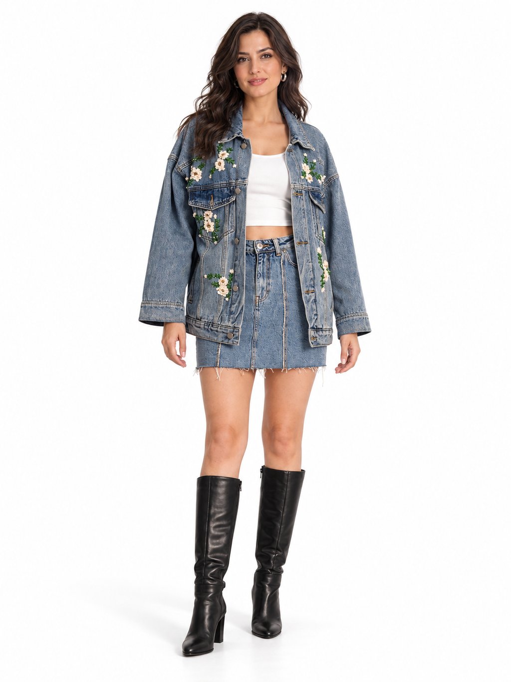 Denim Jacket — AI model styling, white studio background