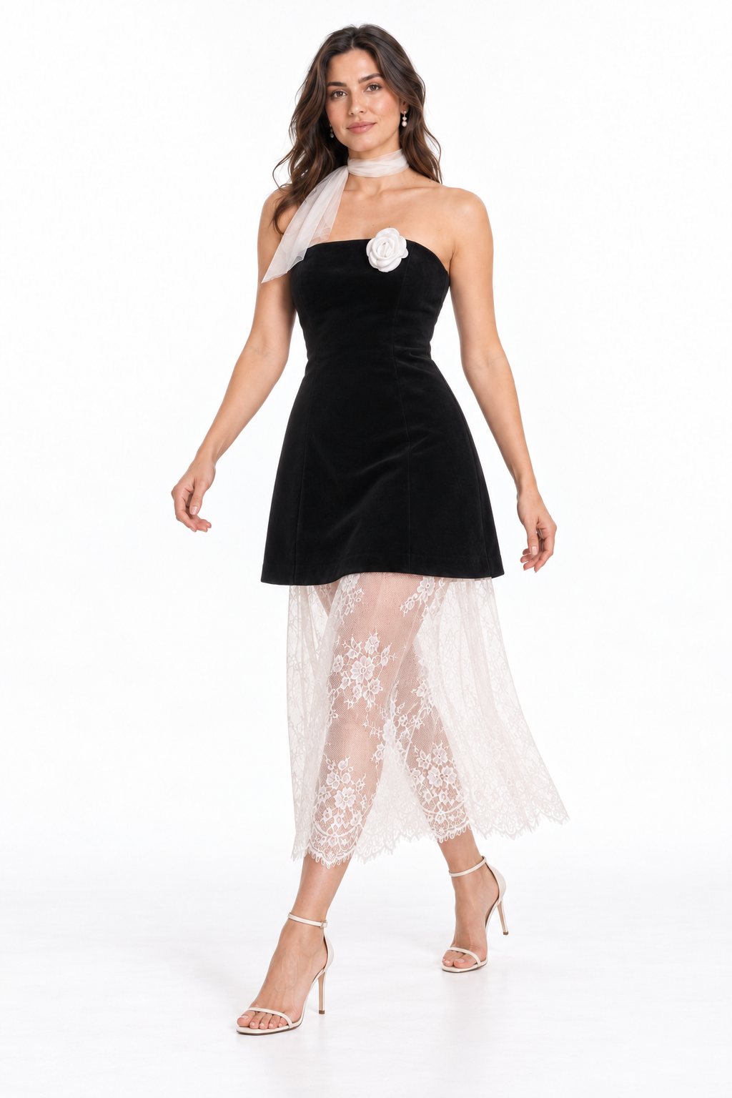 Isabella Set (Black Dress, White Skirt with Flower Brooch) — AI model styling, pose 3