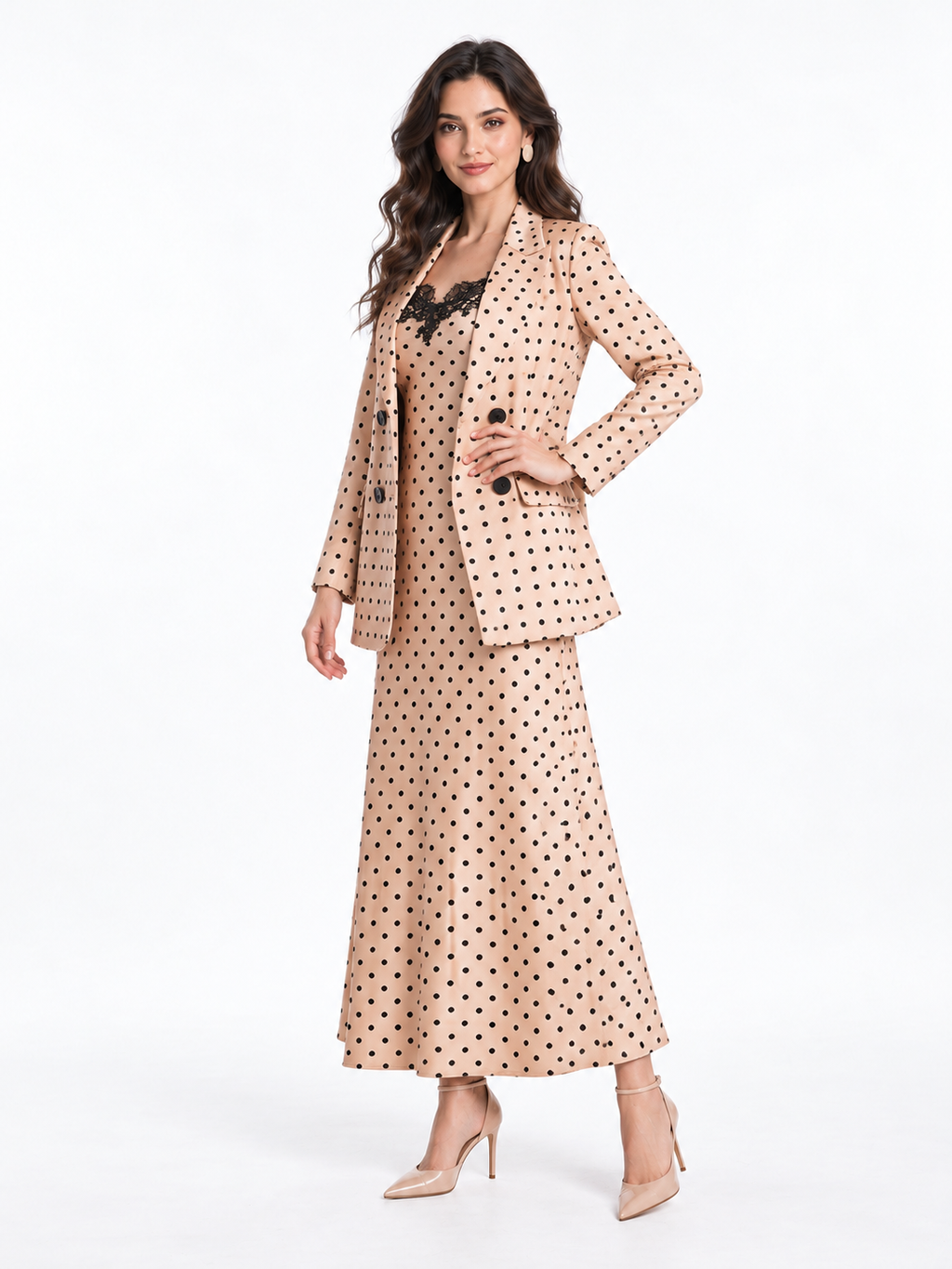 Sienna Blazer & Dress Set (Polka) — AI model styling, pose 2