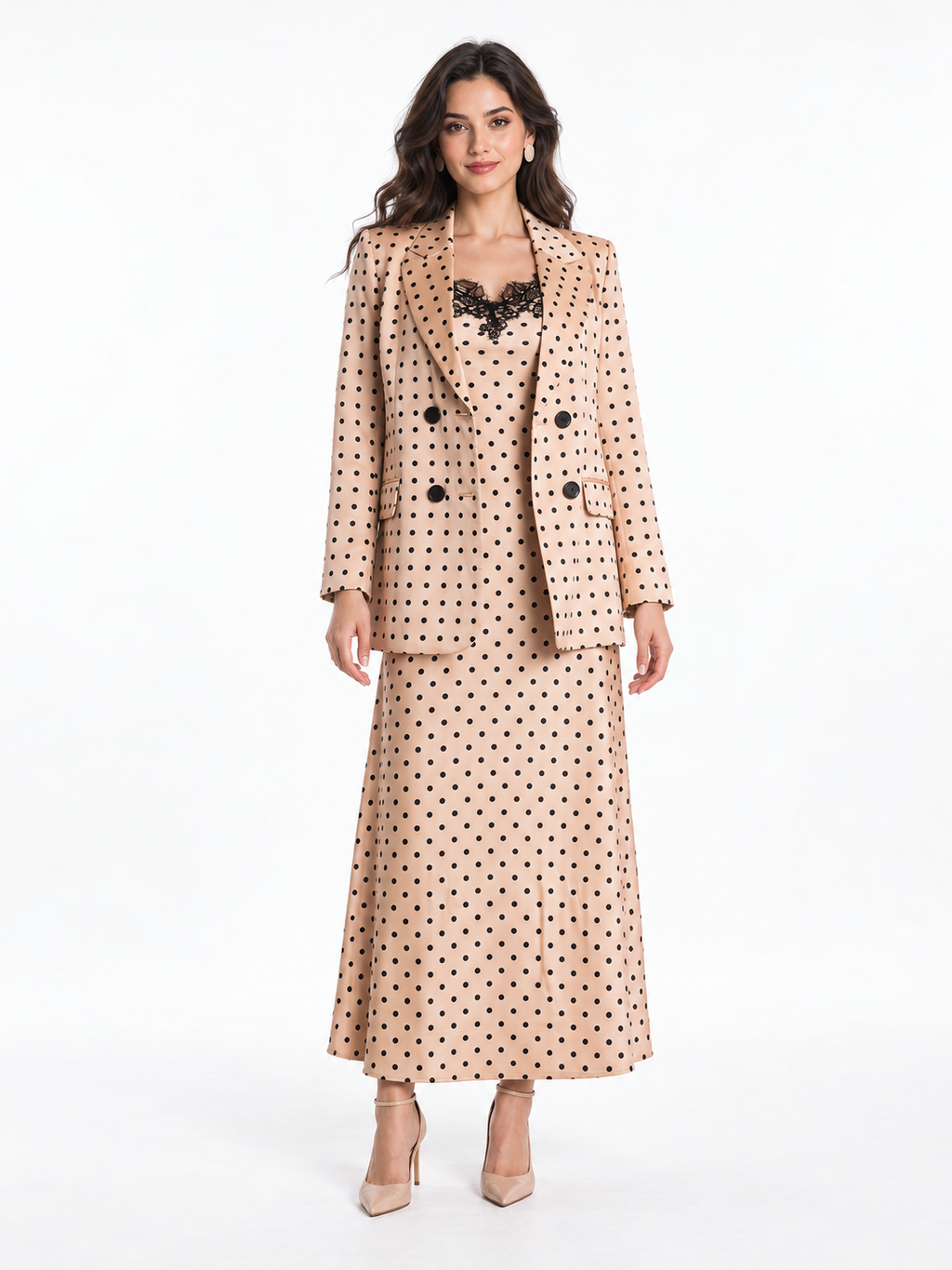 Sienna Blazer & Dress Set (Polka) — AI model styling, white studio background