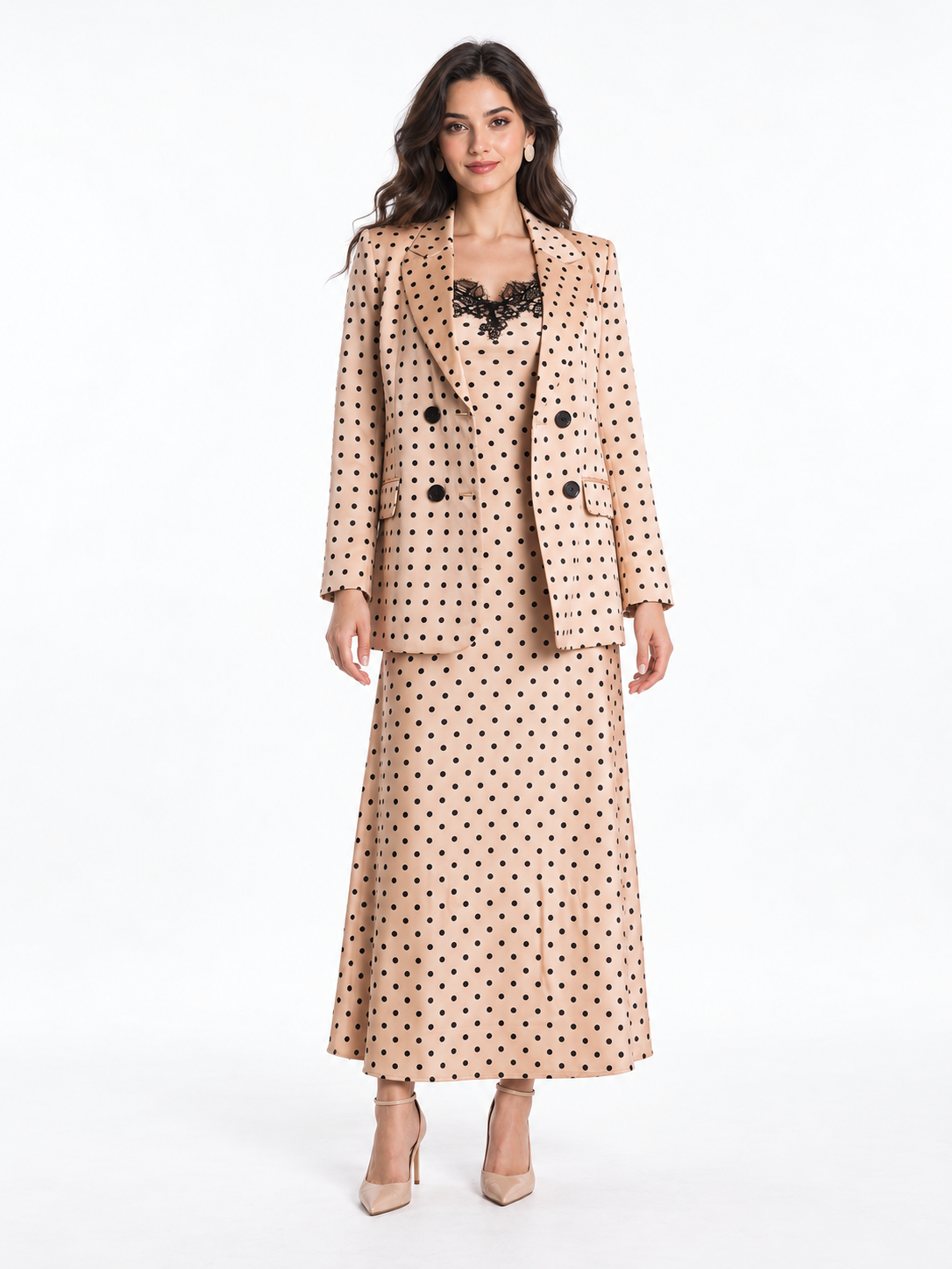 Sienna Blazer & Dress Set (Polka) — AI model styling, white studio background